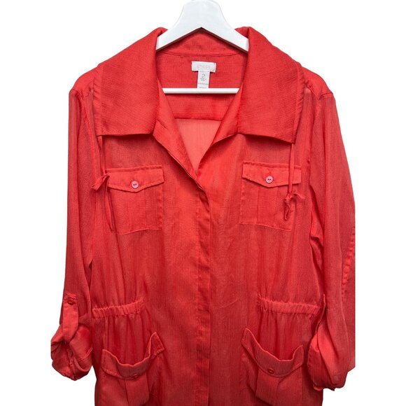 Chicos Sheer Utility Jacket Large Orange Lightweight Button Up - Picture 2 of 12